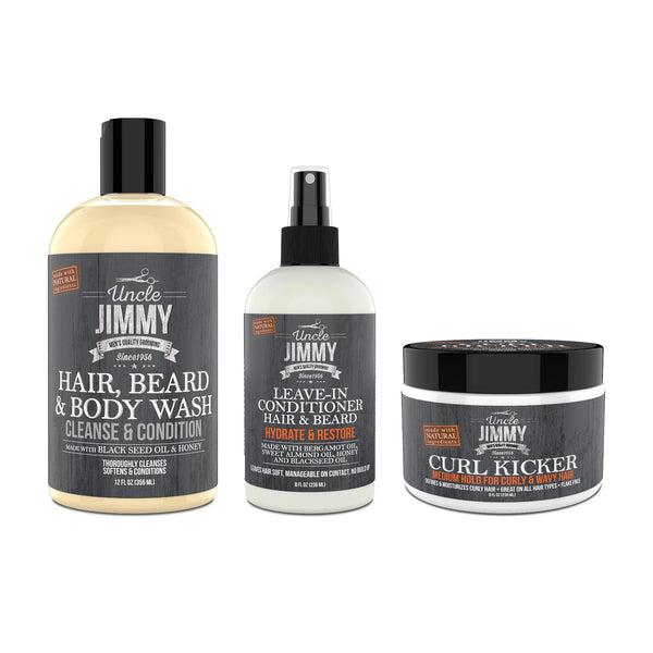 Uncle Jimmy fine & medium hair regimen — Hair, Beard & Body Wash, Leave-In Conditioner, and Curl Kicker shown together