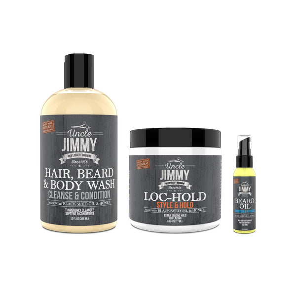 Uncle Jimmy Hold Hair Kit — Hair, Beard & Body Wash, Loc Hold, and Beard Oil shown together