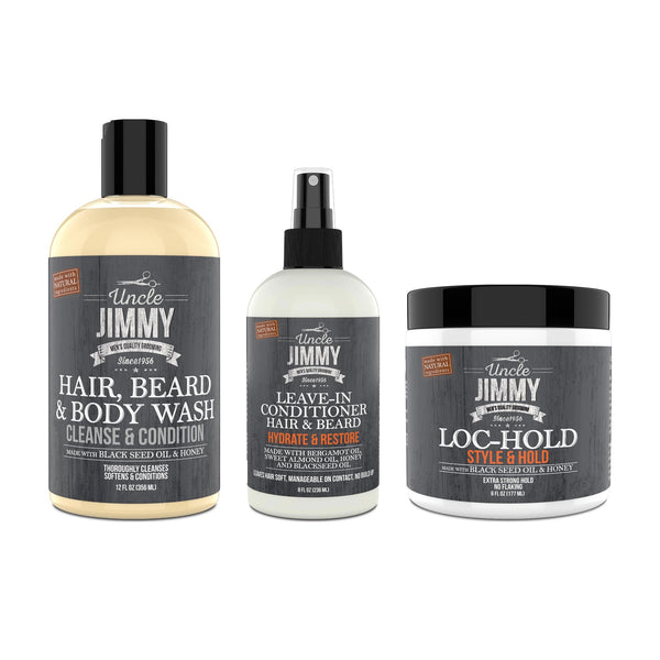 Uncle Jimmy locs regimen — Hair, Beard & Body Wash, Leave-In Conditioner, and Loc Hold shown together