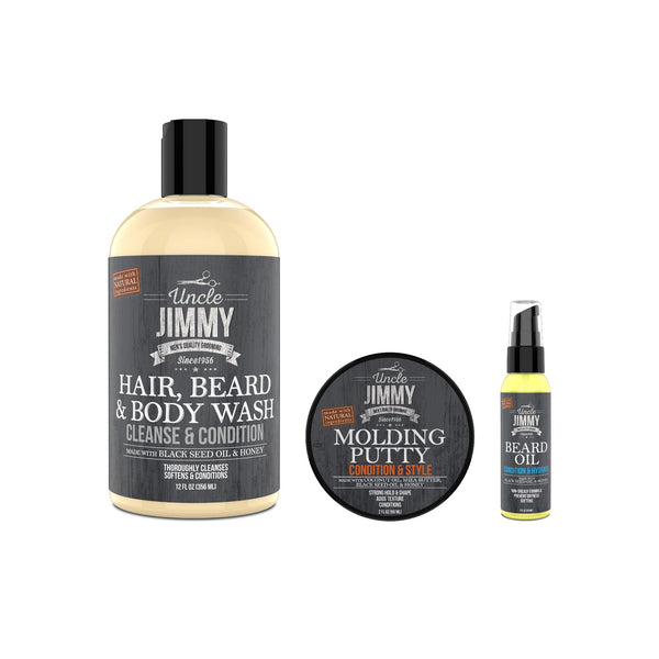 Uncle Jimmy Molding Putty Hair Kit — Hair, Beard & Body Wash, Molding Putty, and Beard Oil shown together