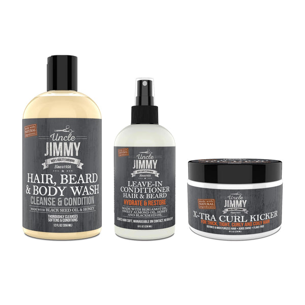 Uncle Jimmy thick & kinky hair regimen — Hair, Beard & Body Wash, Leave-In Conditioner, and X-Tra Curl Kicker shown together