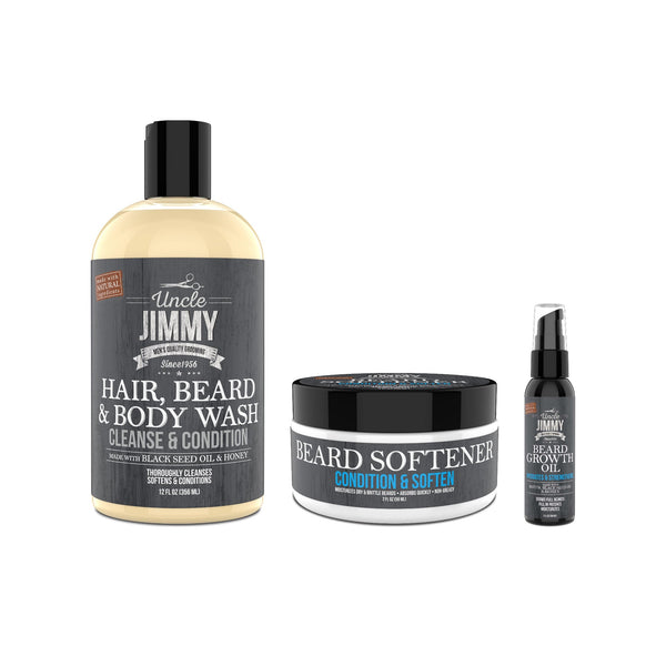 Uncle Jimmy Ultimate Beard Care Kit for Growth — Hair, Beard & Body Wash, Beard Softener, and Beard Growth Oil shown together