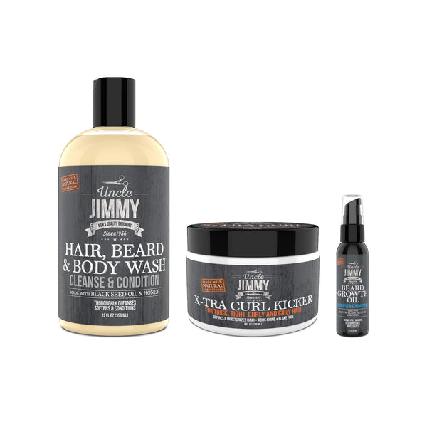 Uncle Jimmy X-Tra Curly Hair & Beard Regimen — Hair, Beard & Body Wash, X-Tra Curl Kicker, and Beard Growth Oil shown together